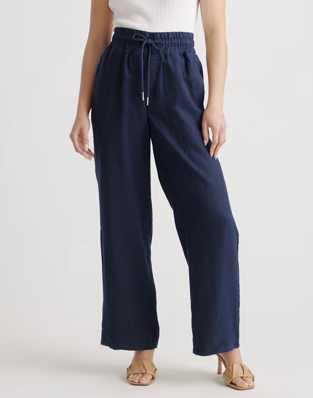 Quince 100% European Linen Elastic Waist Drawstring Wide Leg Pants Deep Navy XL